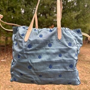 Furla Light Blue Floral Tote with Beige Straps